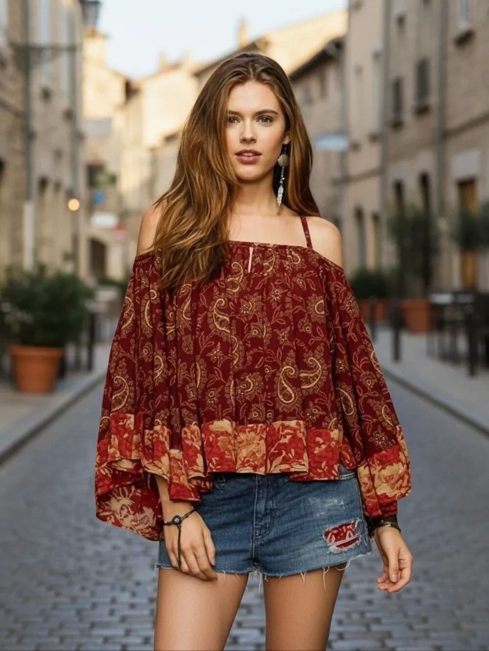 Denim & Supply Ralph Lauren Cold-Shoulder Bell Sleeves Paisley Print Blouse Vtg